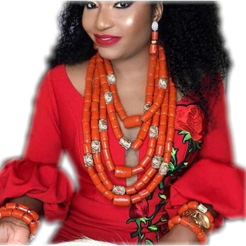 African Coral Beads Bridal Jewelry Set Nigerian Wedding Orange Or Red Jewellery Set For Women Necklace Set Dubai Gold Balls Set