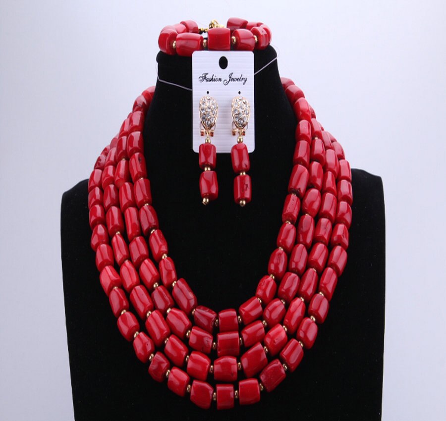 African Coral Beads Bridal Jewelry Set Nigerian Wedding Orange Or Red Jewellery Set For Women Necklace Set Dubai Gold Balls Set