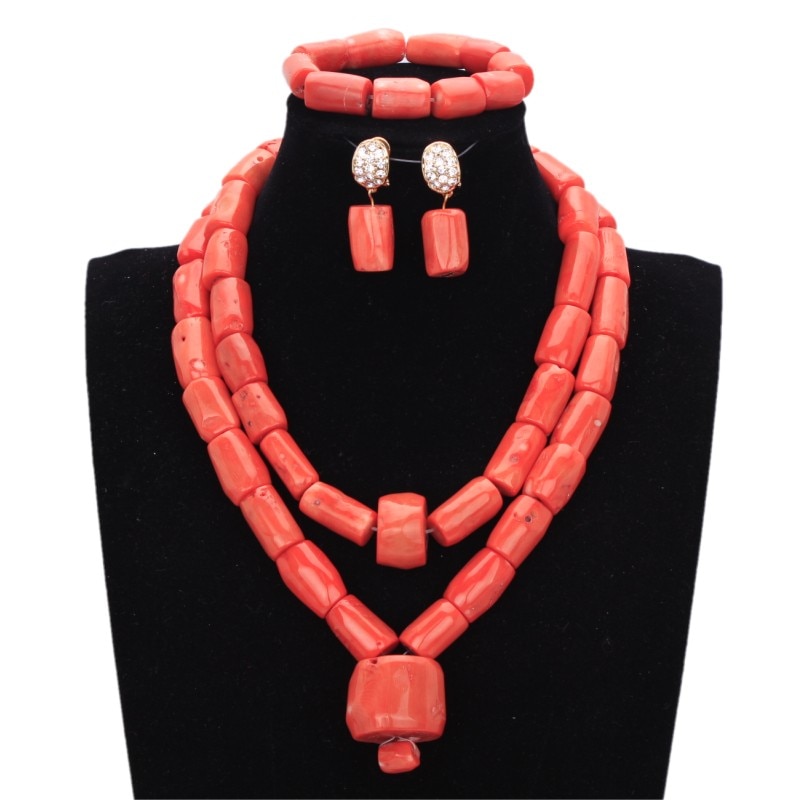 African Coral Beads Bridal Jewelry Set Nigerian Wedding Orange Or Red Jewellery Set For Women Necklace Set Dubai Gold Balls Set