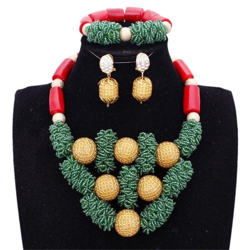 African Coral Beads Bridal Jewelry Set Nigerian Wedding Orange Or Red Jewellery Set For Women Necklace Set Dubai Gold Balls Set