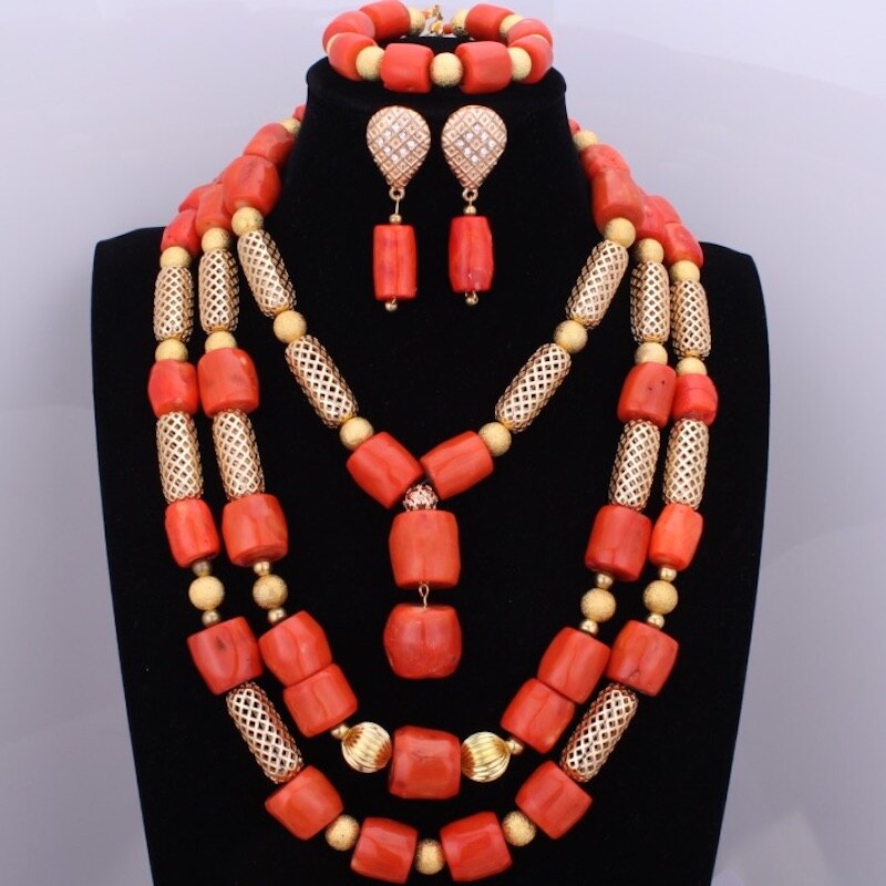 African Coral Beads Bridal Jewelry Set Nigerian Wedding Orange Or Red Jewellery Set For Women Necklace Set Dubai Gold Balls Set