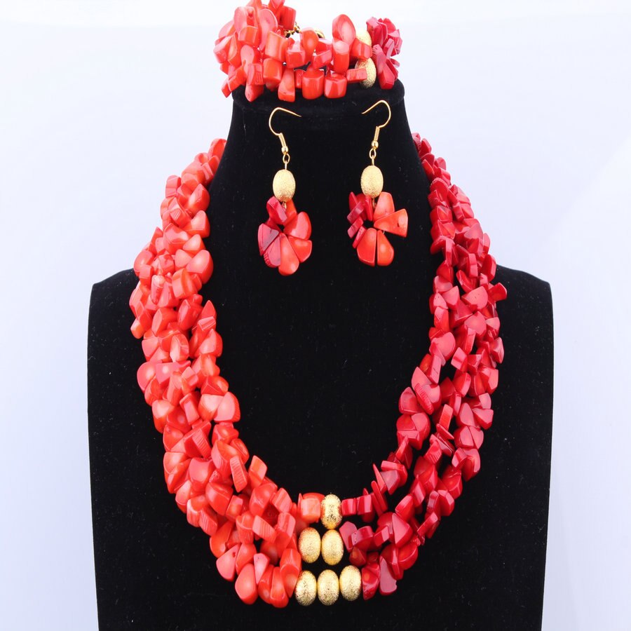 African Coral Beads Bridal Jewelry Set Nigerian Wedding Orange Or Red Jewellery Set For Women Necklace Set Dubai Gold Balls Set