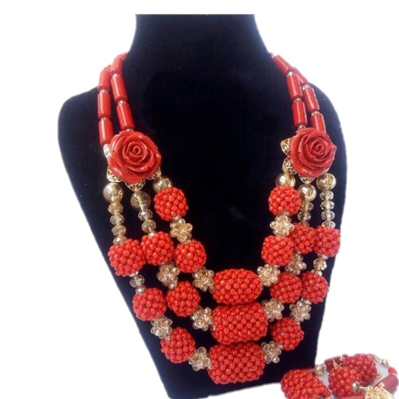 African Coral Beads Bridal Jewelry Set Nigerian Wedding Orange Or Red Jewellery Set For Women Necklace Set Dubai Gold Balls Set