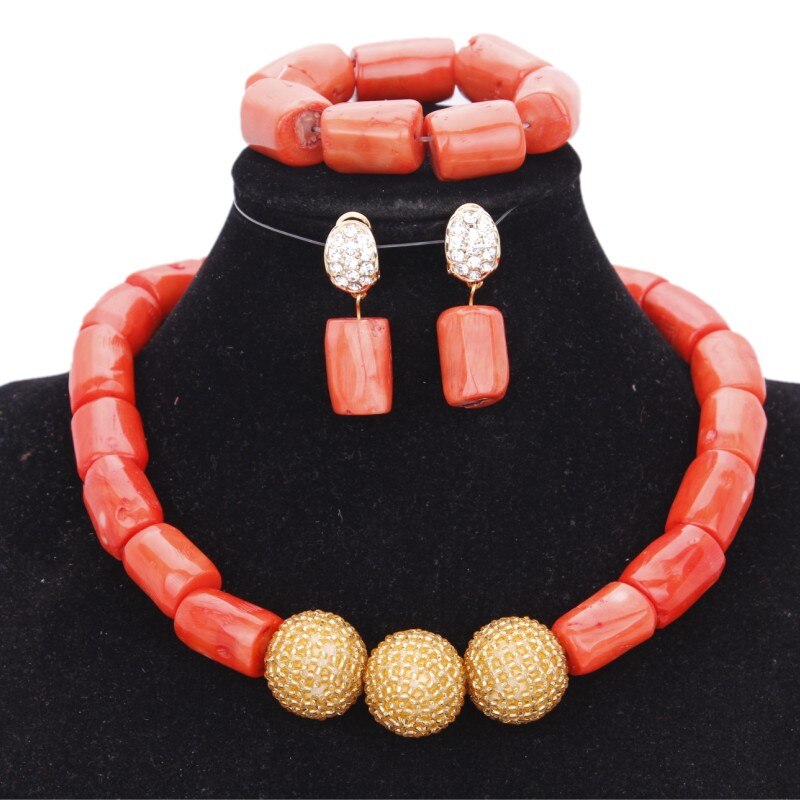 African Coral Beads Bridal Jewelry Set Nigerian Wedding Orange Or Red Jewellery Set For Women Necklace Set Dubai Gold Balls Set