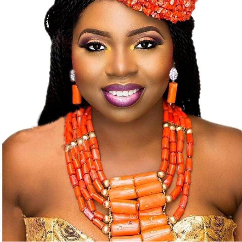 African Coral Beads Bridal Jewelry Set Nigerian Wedding Orange Or Red Jewellery Set For Women Necklace Set Dubai Gold Balls Set