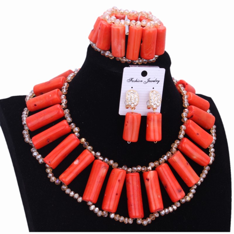 African Coral Beads Bridal Jewelry Set Nigerian Wedding Orange Or Red Jewellery Set For Women Necklace Set Dubai Gold Balls Set