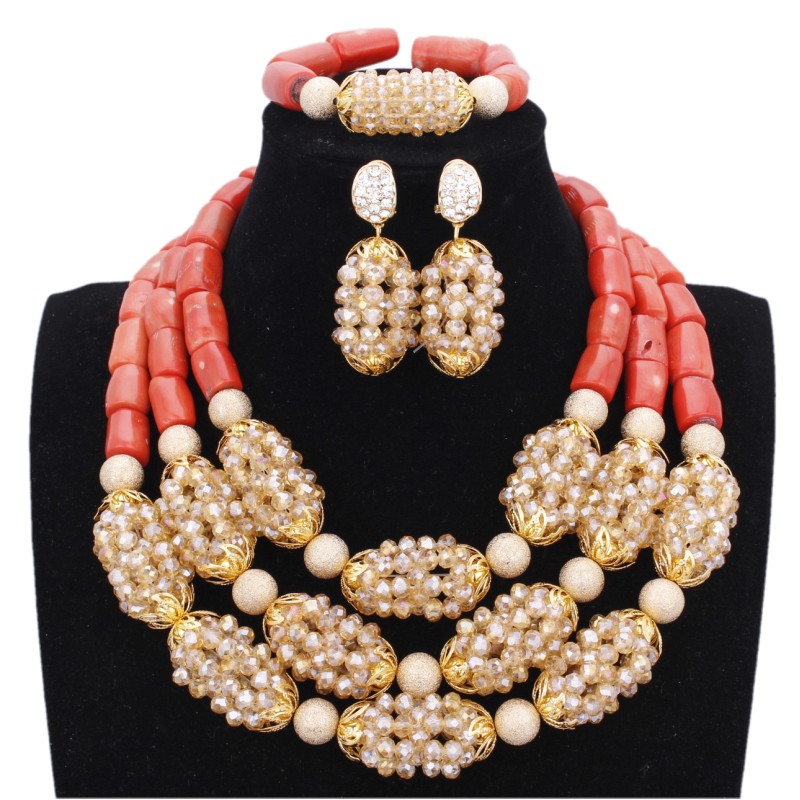 African Coral Beads Bridal Jewelry Set Nigerian Wedding Orange Or Red Jewellery Set For Women Necklace Set Dubai Gold Balls Set