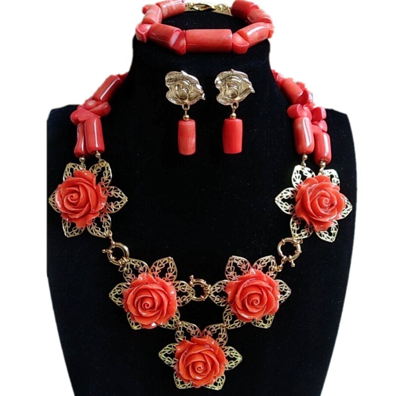 URORU Bridal Jewelry Set Earrings Necklace Bracelets African Nigerian Original Coral Beads Jewelry Set For Women Turkish Wedding