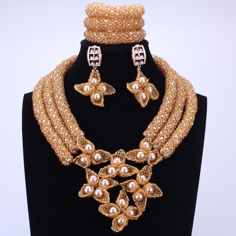 Romantic Gold And White Costume Jewelry Set Long Design Nigerian African Wedding Beads Jewelry Set Sexy Beads For Brides 2017