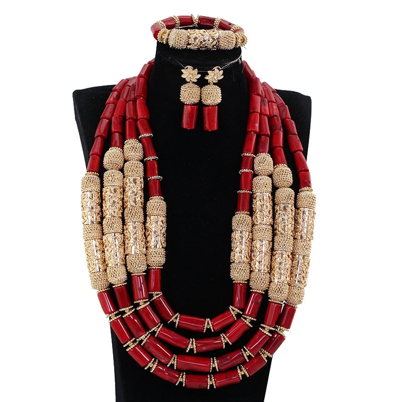 Luxury Wine Red Coral African Wedding Beads Jewelry Set Charms 4 Layers Real Coral Bead Statement Necklace Set for Brides CNR609