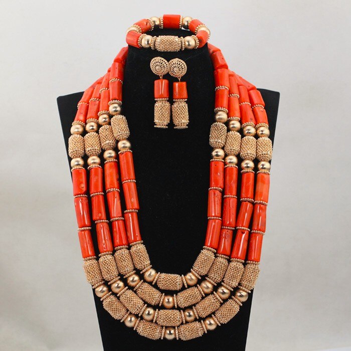 Luxury Wine Red Coral African Wedding Beads Jewelry Set Charms 4 Layers Real Coral Bead Statement Necklace Set for Brides CNR609