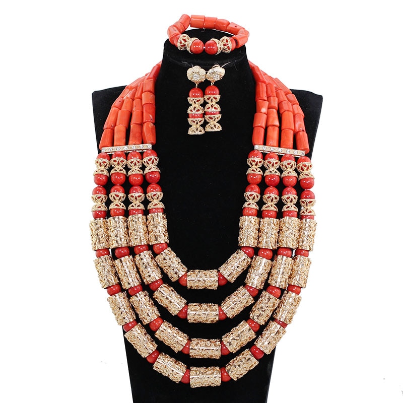 Luxury Wine Red Coral African Wedding Beads Jewelry Set Charms 4 Layers Real Coral Bead Statement Necklace Set for Brides CNR609