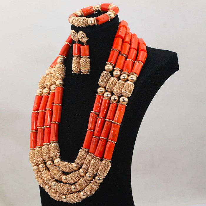 Luxury Wine Red Coral African Wedding Beads Jewelry Set Charms 4 Layers Real Coral Bead Statement Necklace Set for Brides CNR609