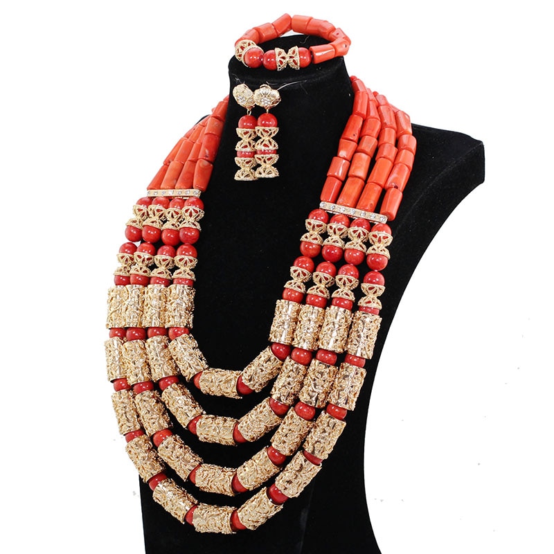 Luxury Wine Red Coral African Wedding Beads Jewelry Set Charms 4 Layers Real Coral Bead Statement Necklace Set for Brides CNR609