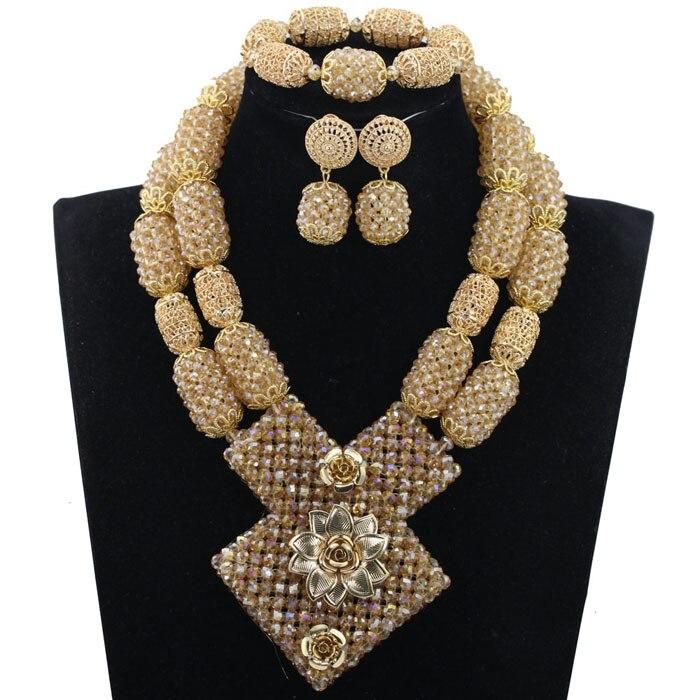 Bright Yellow Crystal African Wedding Jewelry Sets Nigerian Gold Bead Pendant Necklace Bride Jewelry Set Handmade Jewelry CD1101