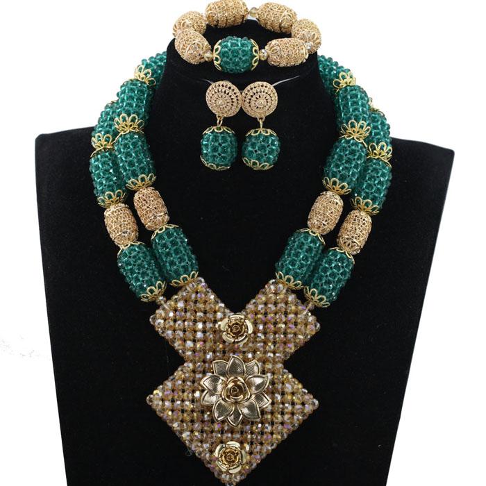 Bright Yellow Crystal African Wedding Jewelry Sets Nigerian Gold Bead Pendant Necklace Bride Jewelry Set Handmade Jewelry CD1101