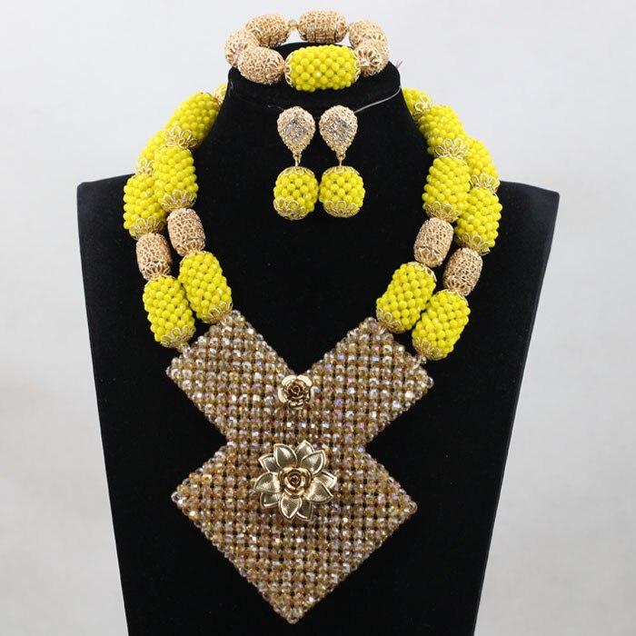 Bright Yellow Crystal African Wedding Jewelry Sets Nigerian Gold Bead Pendant Necklace Bride Jewelry Set Handmade Jewelry CD1101