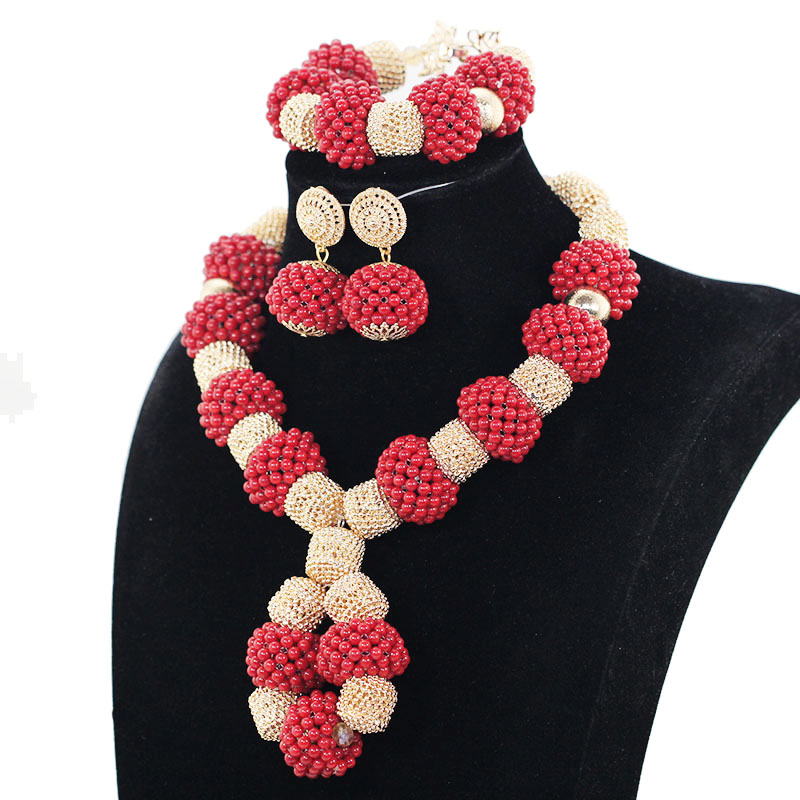 Fashion Red Gold Nigerian Wedding Costume Jewelry Sets for Women African Coral Beads Bridal Party Necklace Earrings Set CNR786