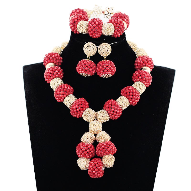 Fashion Red Gold Nigerian Wedding Costume Jewelry Sets for Women African Coral Beads Bridal Party Necklace Earrings Set CNR786