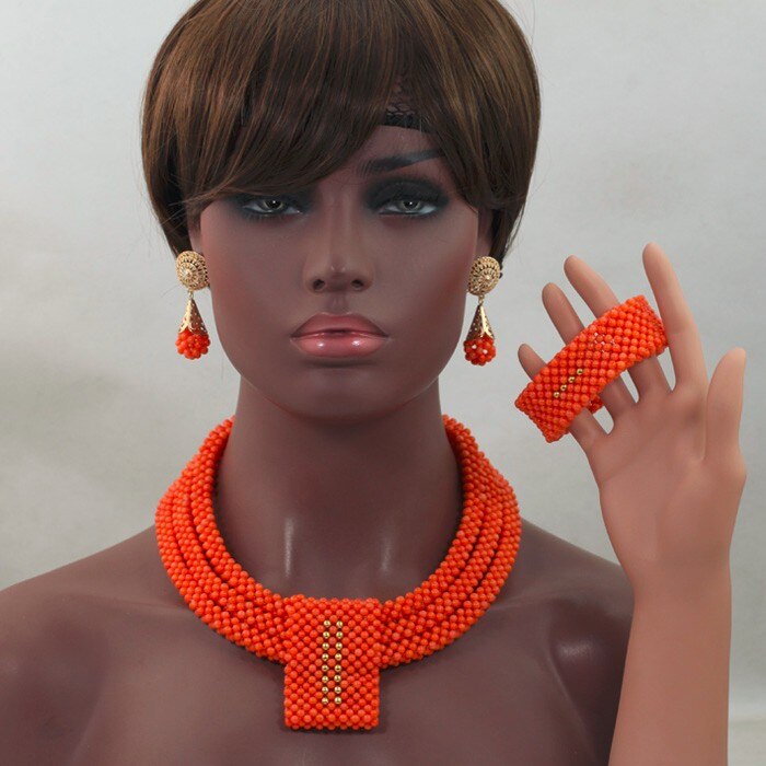 Fashion Red Gold Nigerian Wedding Costume Jewelry Sets for Women African Coral Beads Bridal Party Necklace Earrings Set CNR786