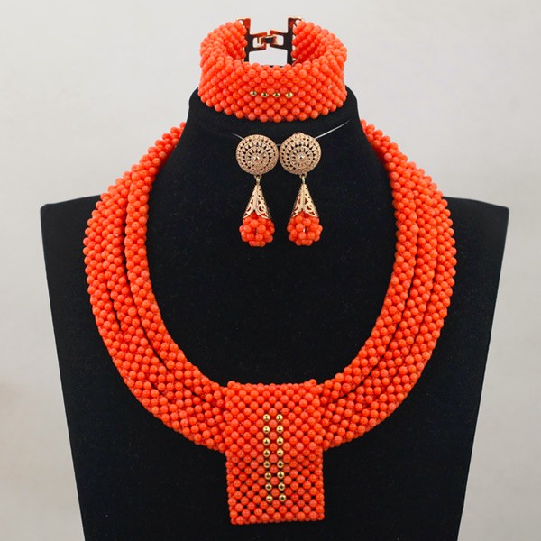 Fashion Red Gold Nigerian Wedding Costume Jewelry Sets for Women African Coral Beads Bridal Party Necklace Earrings Set CNR786