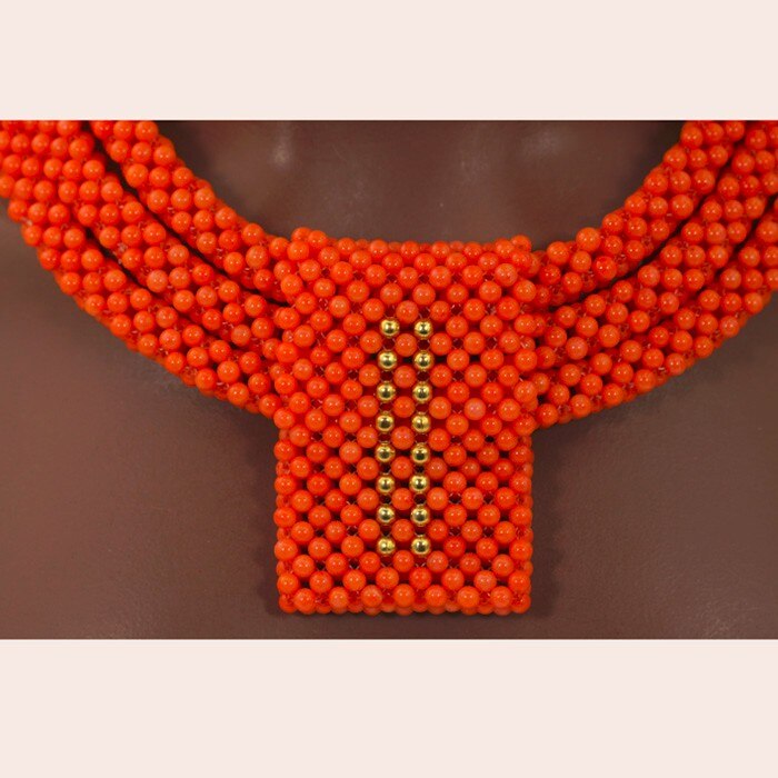 Fashion Red Gold Nigerian Wedding Costume Jewelry Sets for Women African Coral Beads Bridal Party Necklace Earrings Set CNR786