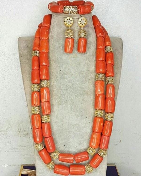 Fashion Red Gold Nigerian Wedding Costume Jewelry Sets for Women African Coral Beads Bridal Party Necklace Earrings Set CNR786