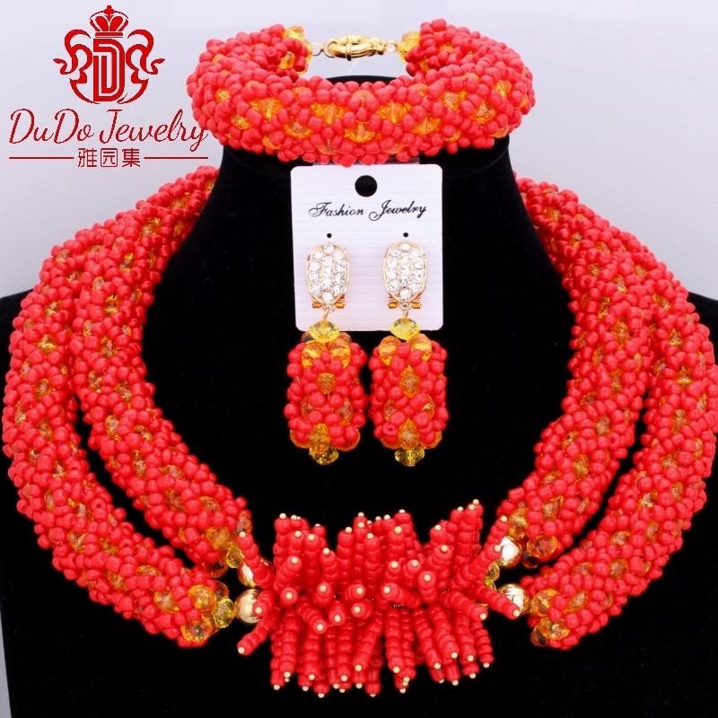 Dudo Jewelry Nature Orange African Bridal Coral beads Jewelry Set For Nigerian Women 5 Layers Jewellery Set Free Shipping 2018