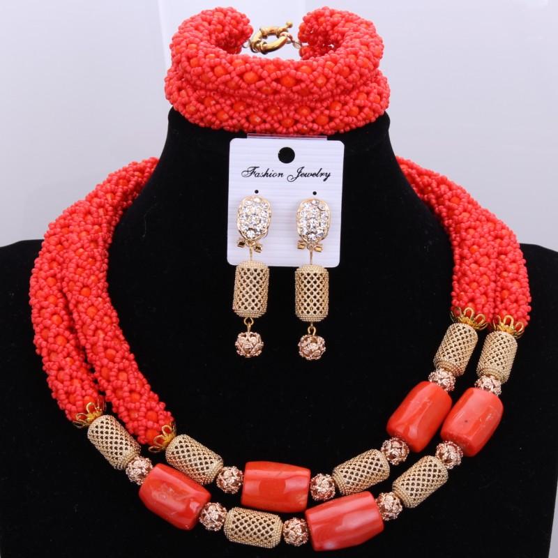 Dudo Jewelry Nature Orange African Bridal Coral beads Jewelry Set For Nigerian Women 5 Layers Jewellery Set Free Shipping 2018