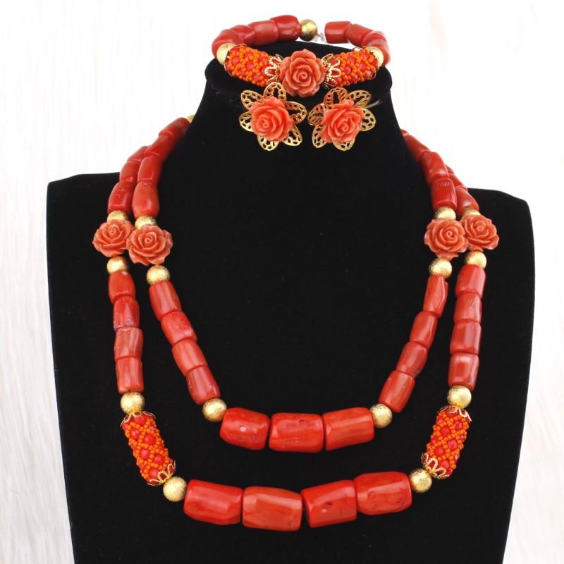 Dudo Necklace Earrings Set 100% Original Coral Beads Jewelry Set 3 Layers New Design Bridal Jewellery Set African Nigerian Set