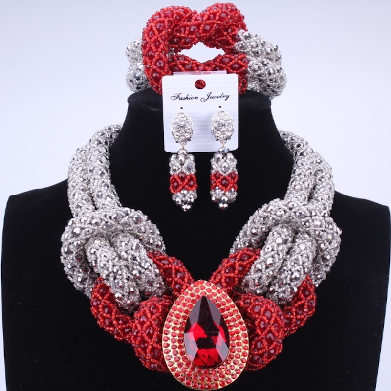 Red Coral Nigerian African Bride Wedding Beads Jewelry Set Plated Gold Jewellery set 4 Layers Necklace Bracelet earring jewelry