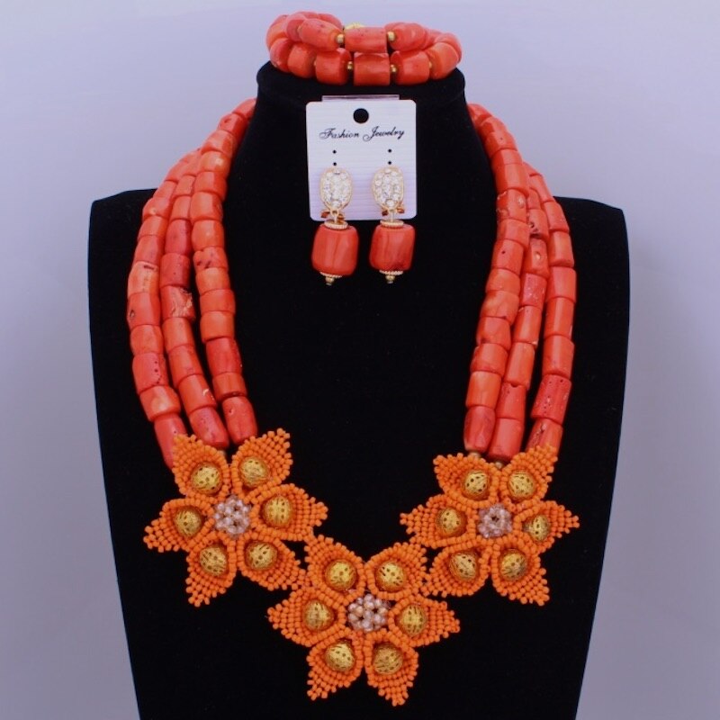 Red Coral Nigerian African Bride Wedding Beads Jewelry Set Plated Gold Jewellery set 4 Layers Necklace Bracelet earring jewelry