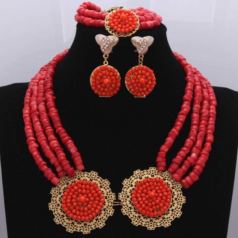 Red Coral Nigerian African Bride Wedding Beads Jewelry Set Plated Gold Jewellery set 4 Layers Necklace Bracelet earring jewelry