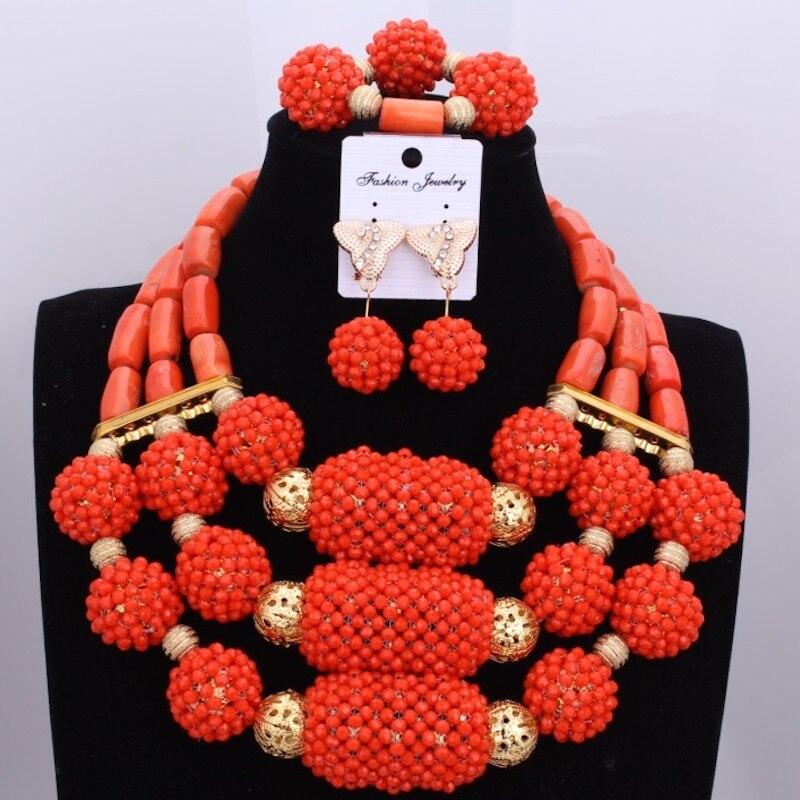 Red Coral Nigerian African Bride Wedding Beads Jewelry Set Plated Gold Jewellery set 4 Layers Necklace Bracelet earring jewelry