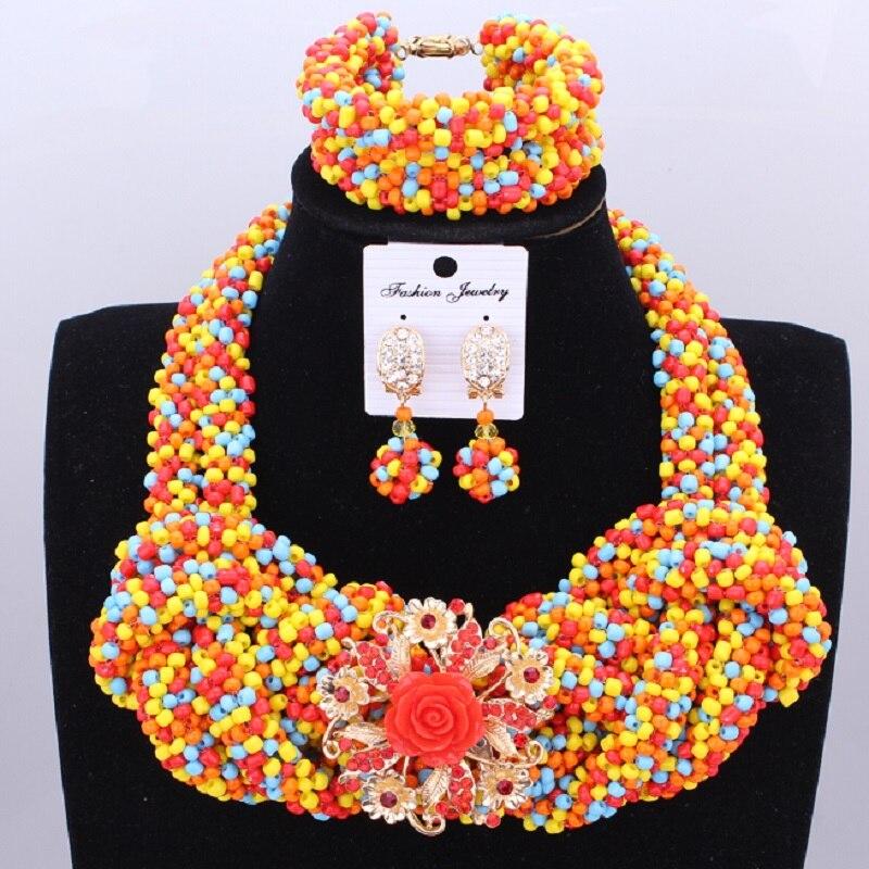 Red Coral Nigerian African Bride Wedding Beads Jewelry Set Plated Gold Jewellery set 4 Layers Necklace Bracelet earring jewelry