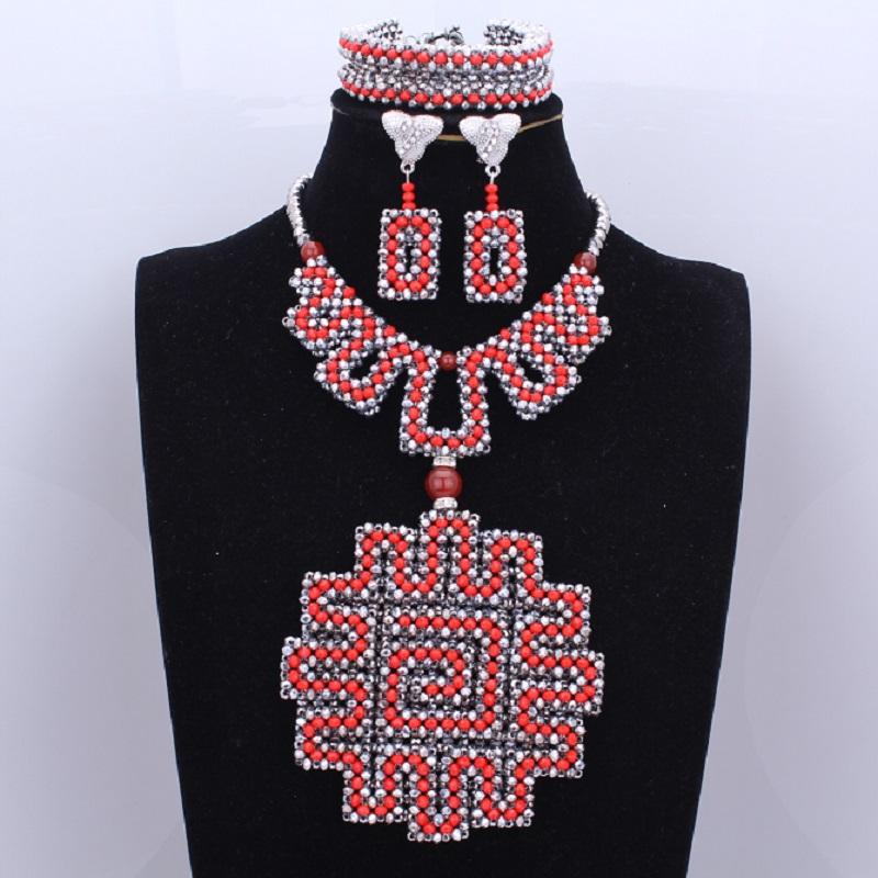 Red Coral Nigerian African Bride Wedding Beads Jewelry Set Plated Gold Jewellery set 4 Layers Necklace Bracelet earring jewelry