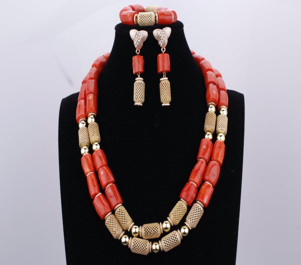 Red Coral Nigerian African Bride Wedding Beads Jewelry Set Plated Gold Jewellery set 4 Layers Necklace Bracelet earring jewelry