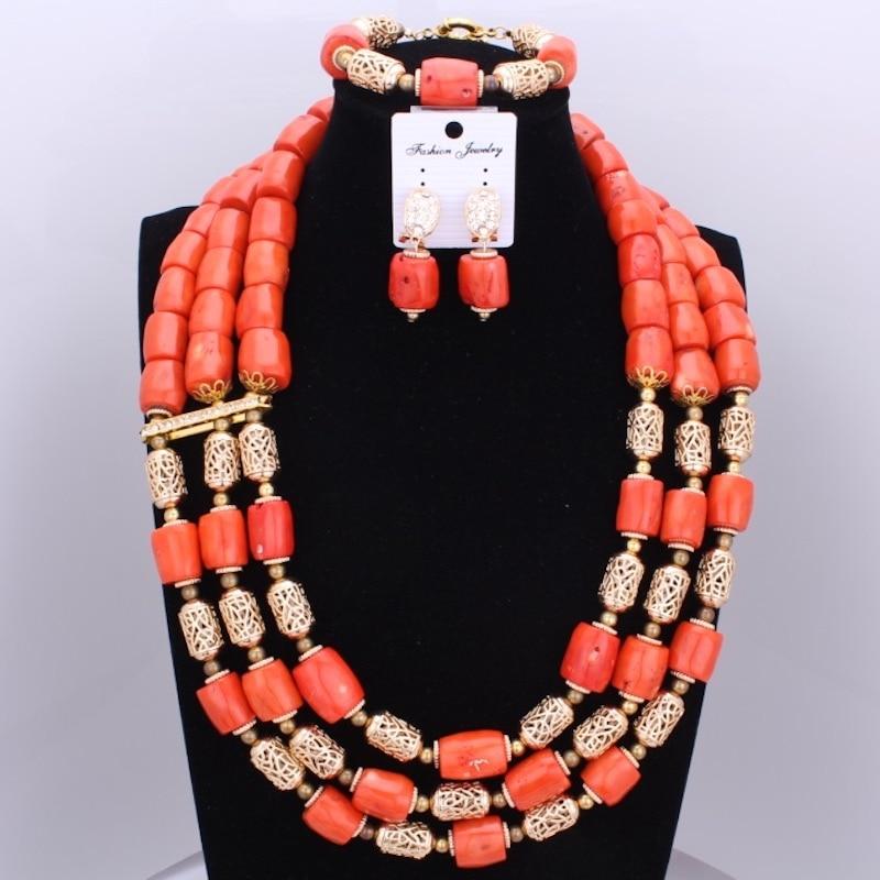 Red Coral Nigerian African Bride Wedding Beads Jewelry Set Plated Gold Jewellery set 4 Layers Necklace Bracelet earring jewelry