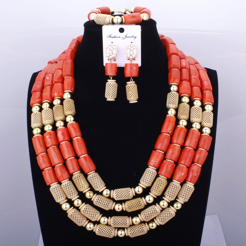 Red Coral Nigerian African Bride Wedding Beads Jewelry Set Plated Gold Jewellery set 4 Layers Necklace Bracelet earring jewelry