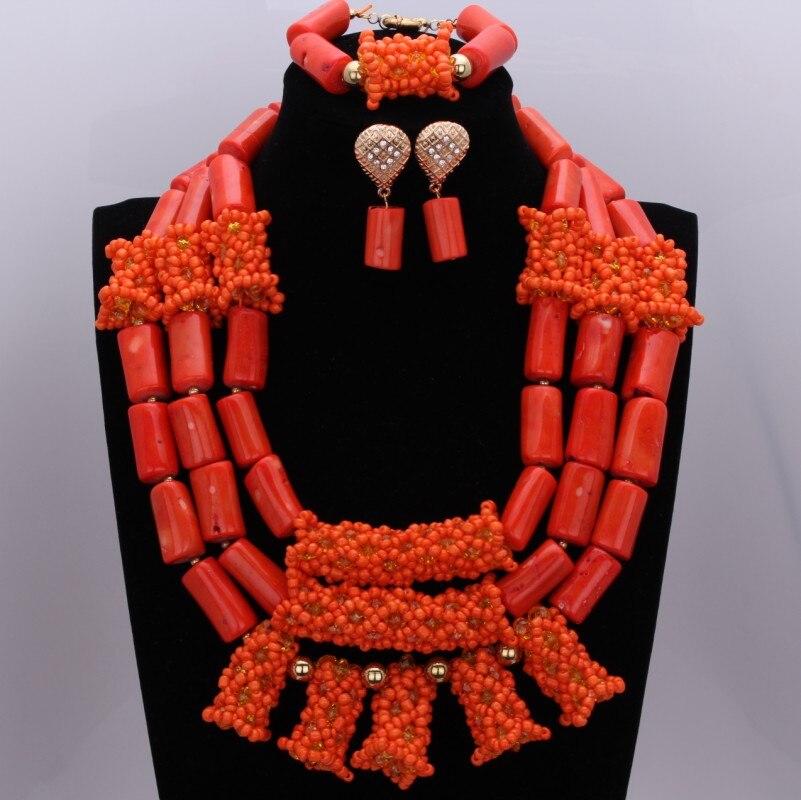 Red Coral Nigerian African Bride Wedding Beads Jewelry Set Plated Gold Jewellery set 4 Layers Necklace Bracelet earring jewelry