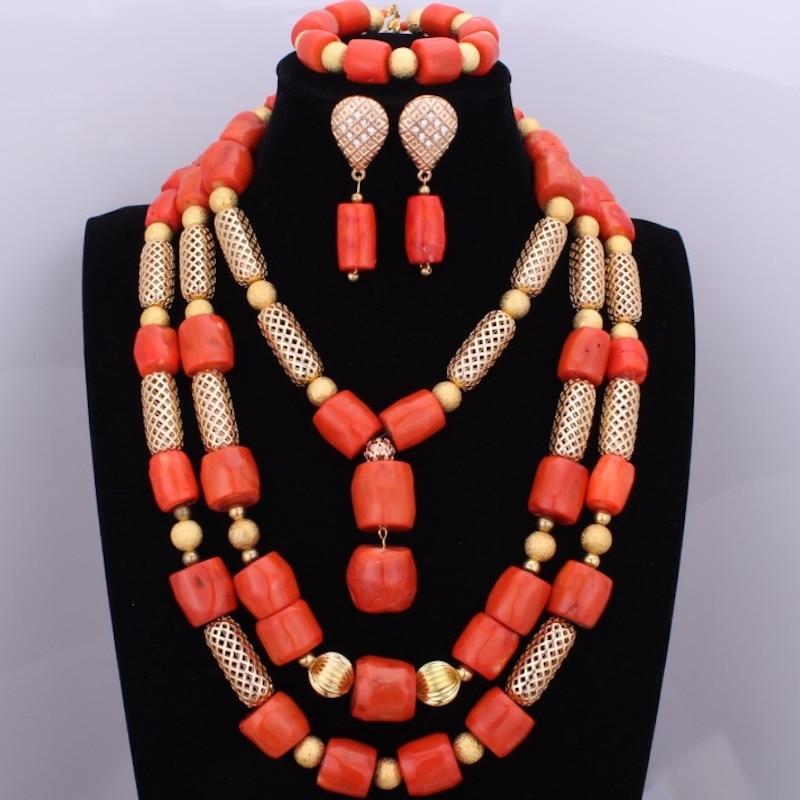 Red Coral Nigerian African Bride Wedding Beads Jewelry Set Plated Gold Jewellery set 4 Layers Necklace Bracelet earring jewelry