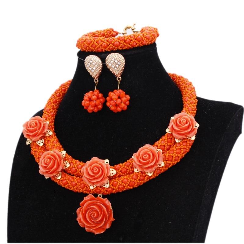 Fashion African Nigerian Wedding Necklace Earrings Bracelet Big Size Orange Coral Beads Jewelry Set For Women Free Shipping