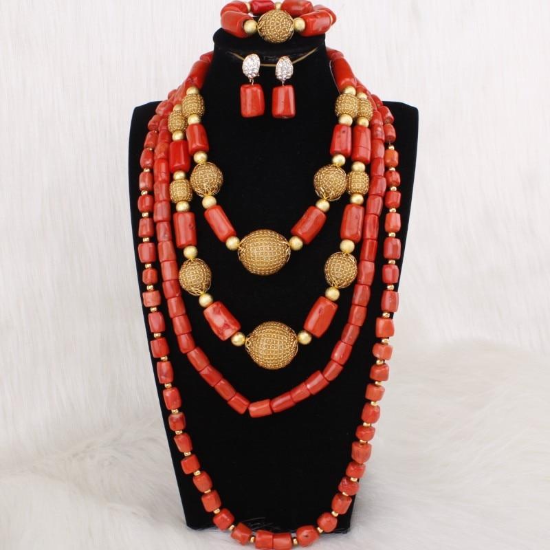 Fashion African Nigerian Wedding Necklace Earrings Bracelet Big Size Orange Coral Beads Jewelry Set For Women Free Shipping