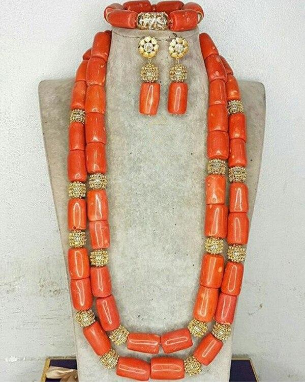 Quality Real Coral Beads Bridal Necklace Bracelet Earrings Set 24 inches Long Necklace Nigerian Wedding Coral Beads CNR716