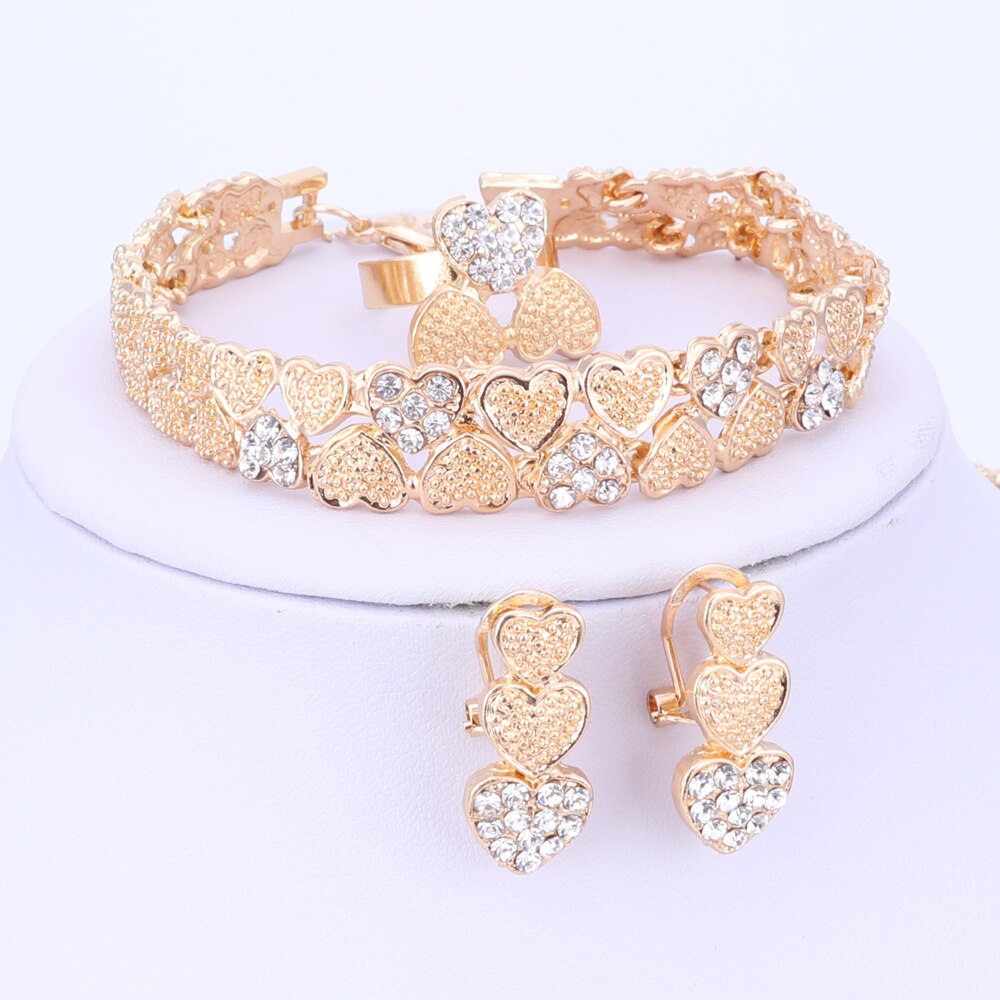 Fashion Heart Shape Necklace Earring Bracelet Ring Fashion Dubai Gold Color Nigerian African Beads Wedding Jewelry Set