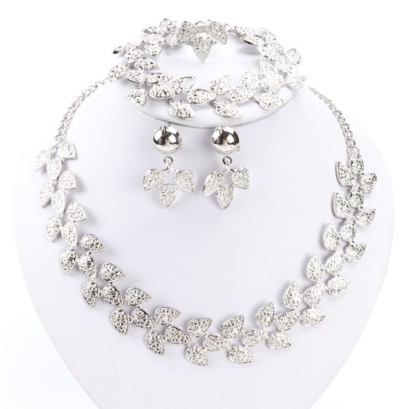 African Beads Jewelry Sets For Women Party Wedding Tree leaf Bridal Dress Accessories Silver Plated Necklace Earrings Set