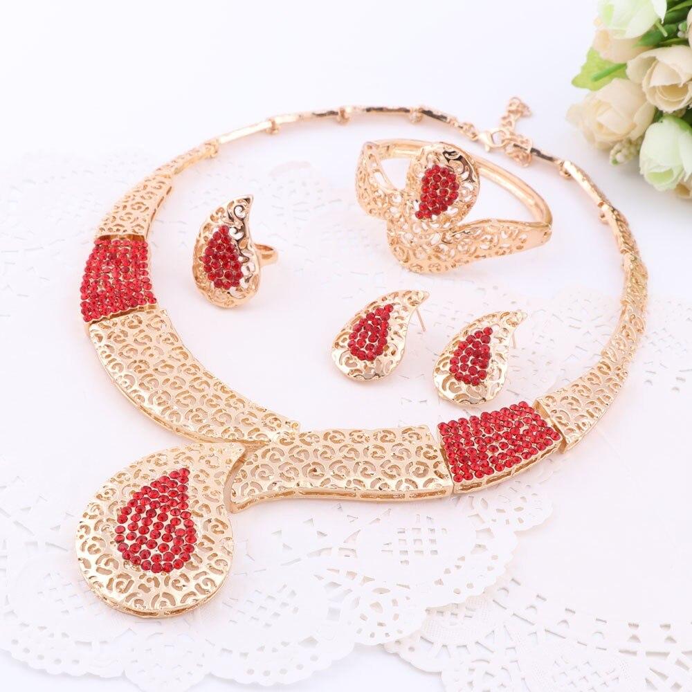 African Beads Jewelry Sets For Women Rhinestone Necklace Earrings Bracelet Ring Bridal Set Fine Gold Color Party Accessories