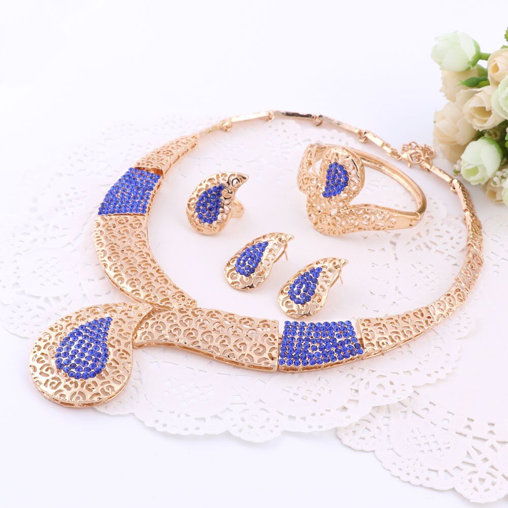 African Beads Jewelry Sets For Women Rhinestone Necklace Earrings Bracelet Ring Bridal Set Fine Gold Color Party Accessories