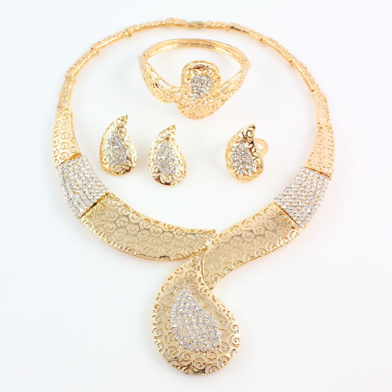 African Beads Jewelry Sets For Women Rhinestone Necklace Earrings Bracelet Ring Bridal Set Fine Gold Color Party Accessories