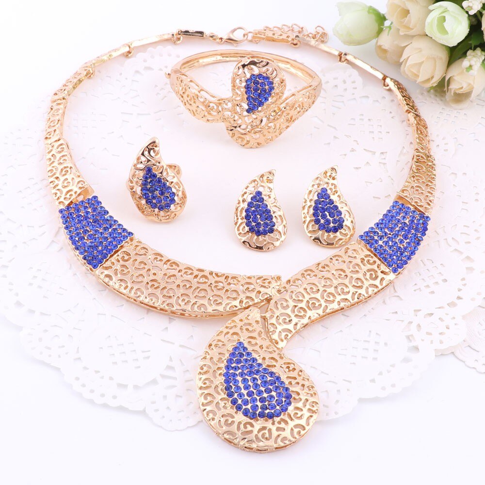 African Beads Jewelry Sets For Women Rhinestone Necklace Earrings Bracelet Ring Bridal Set Fine Gold Color Party Accessories